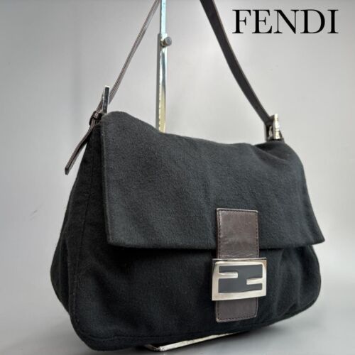 FENDI Mamma Bucket Shoulder Bag Handbag FF logo Wool Leather Black - Picture 21 of 24