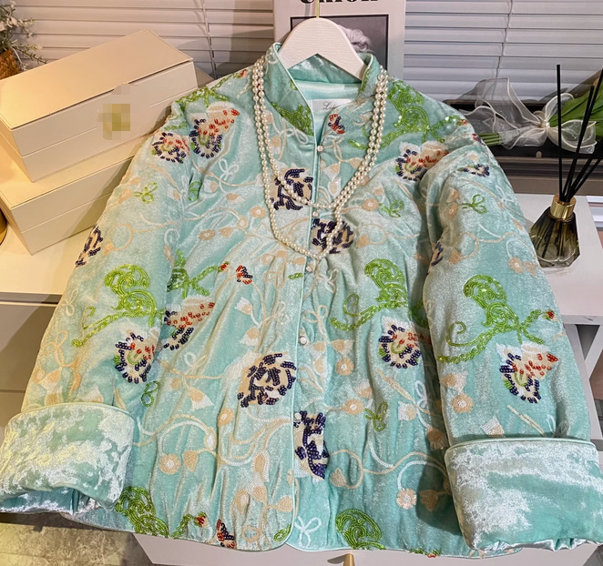 Chinese Style Women Cheongsam Jacket Retro Embroidered Velvet Sequins Loose Coat