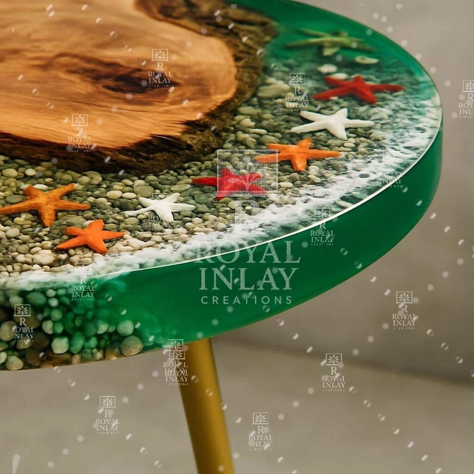 Ocean Inspired Green Epoxy Resin Table with Starfish | Live Edge Wood & Resin - Image 3 of 4