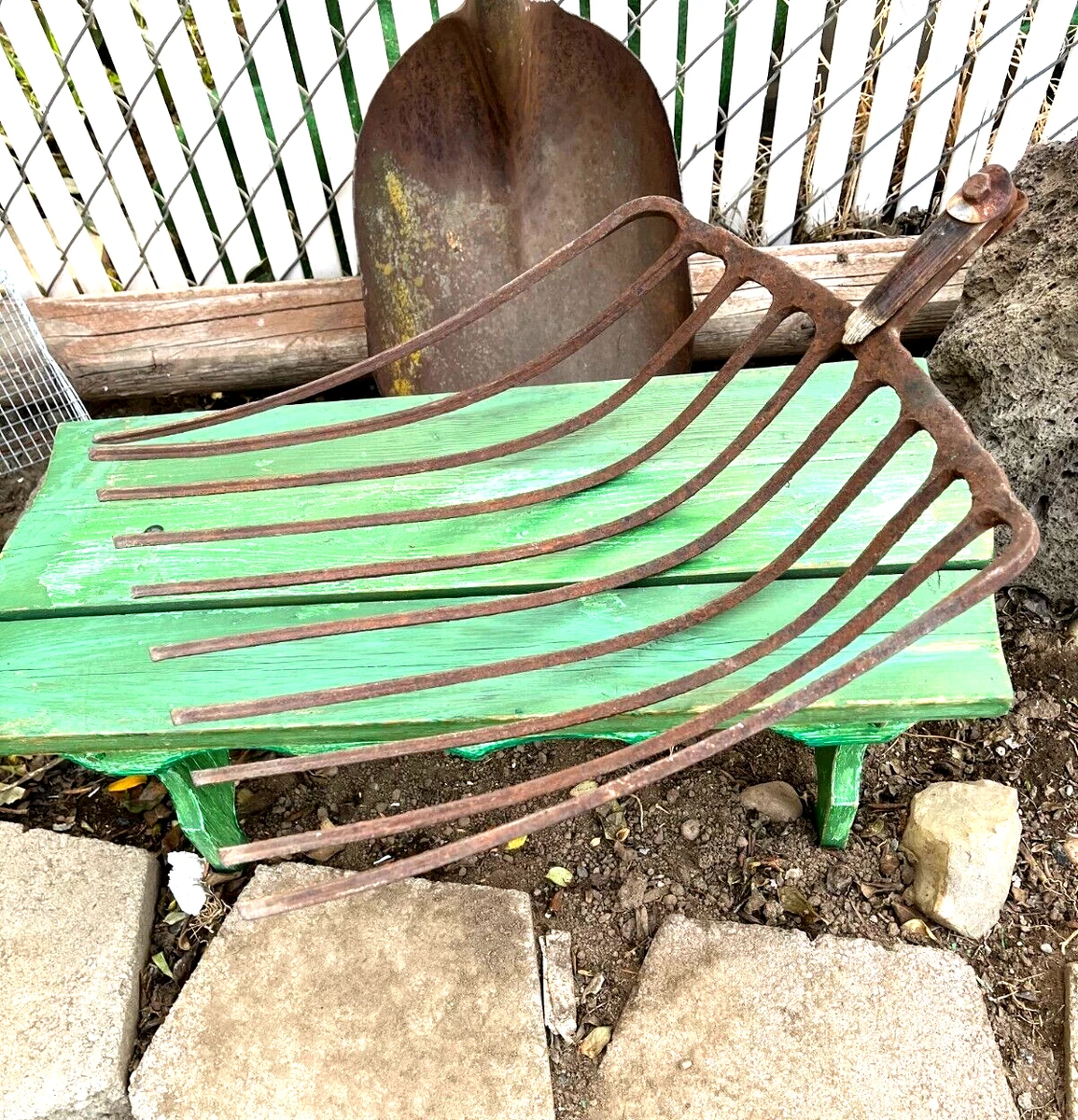 Antique Hand Forged Rectangular Prism 10 Tine Hay Farm Pitch Fork Head Austria