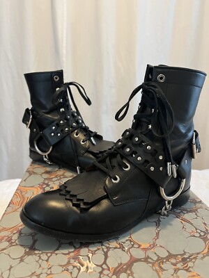 Aquazzura Black Leather Harness Chain Lace-Up Moto Boots 36.5