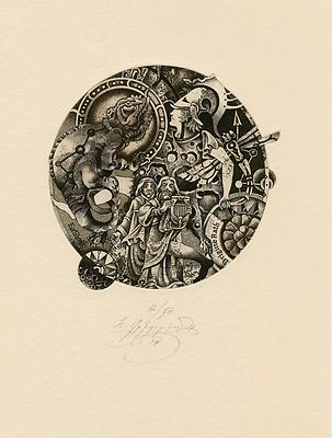 Hayk Grigoryan, Armenia, Surrealistic Numbered Art Print Etching Ex libris 