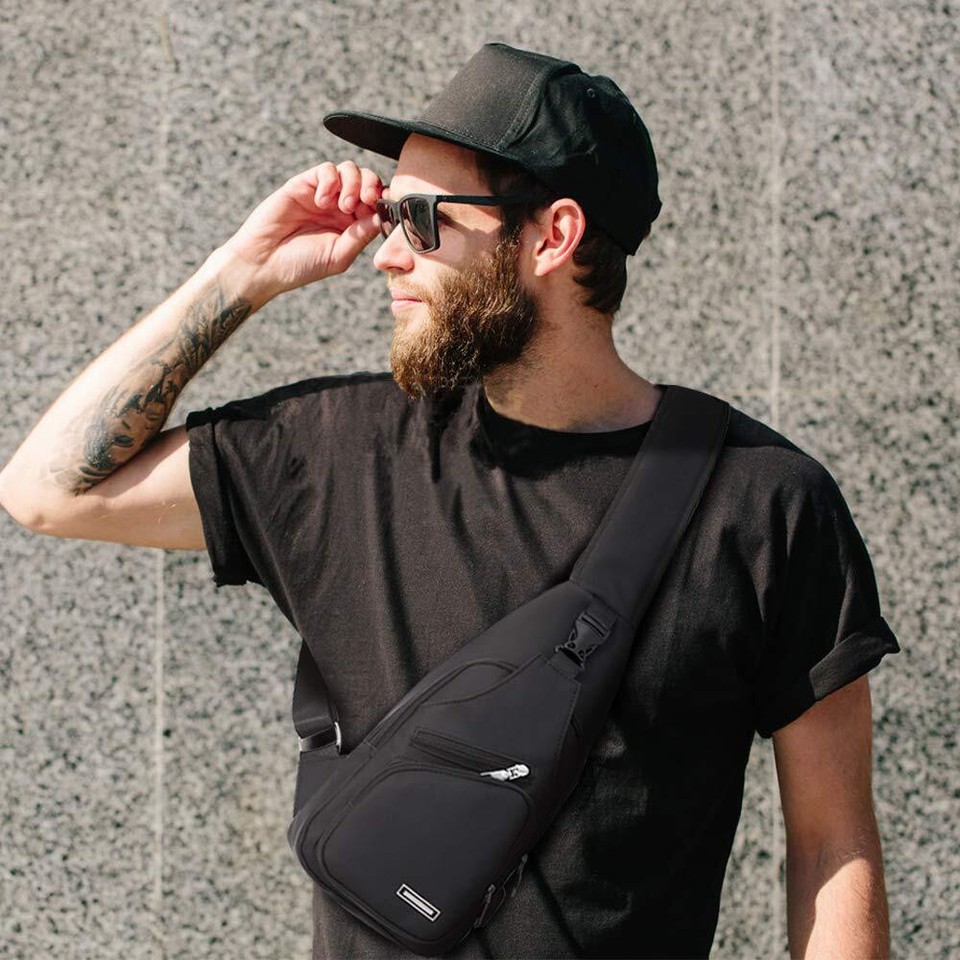 Mens Sling Bag, Leather Sling Bag with USB Charging Port Waterproof