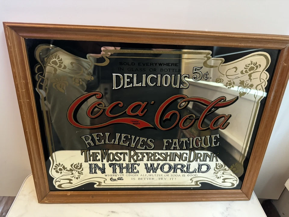 Vintage Coca-Cola Mirror Sign Framed | “Delicious 5¢ Relieves Fatigue” | Classic - Image 2 of 4