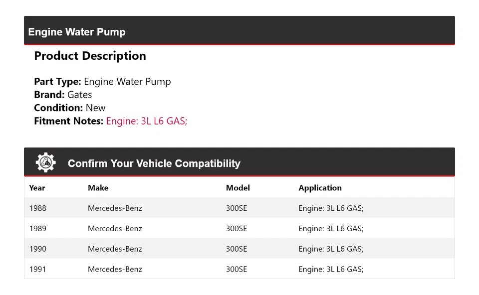 For 1988-1991 Mercedes-Benz 300SE 3L L6 GAS Engine Water Pump Gates 1989 1990 - Image 2 of 4