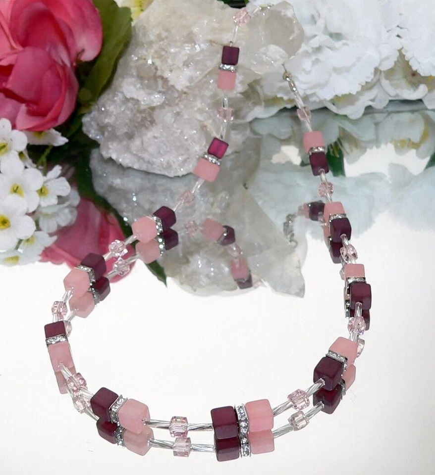 Halskette Kette bordeaux rot lachs rosa facettierte Würfel Glas Strass 362L - Bild 2 von 4