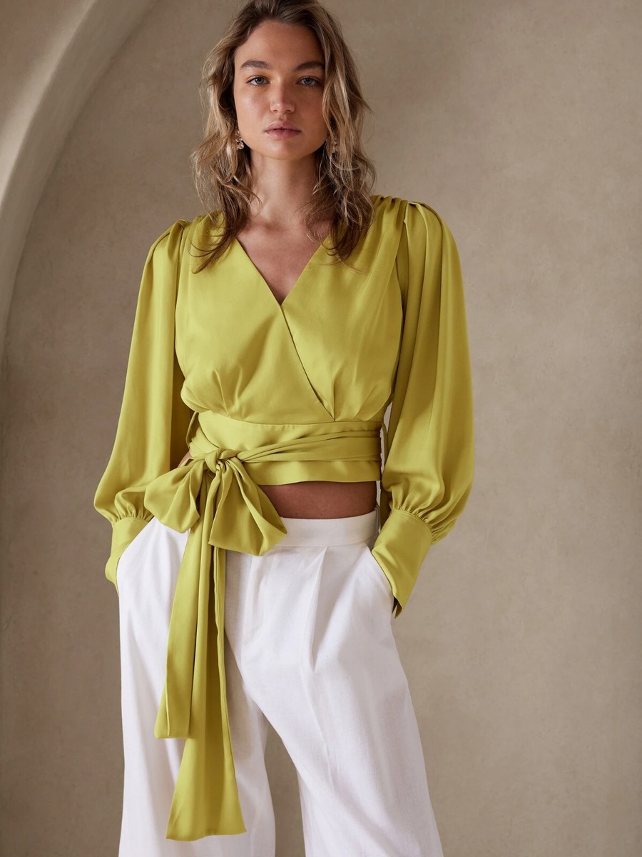 Banana Republic CROPPED WRAP BLOUSE TOP, Citron Green SIZE 8
