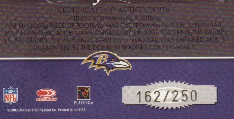 Fútbol americano Donruss Classics Pigskin RAVENS Super Bowl 2003 *DEL JUEGO REAL* Foto 4 de 4