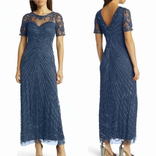 NWT Pisarro Nights Illusion Beaded Mesh Column Gown Teal Blue 2 Retail $248