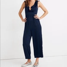 Madewell NWT Satin Ruffle Neck Jumpsuit in Navy Size 14
