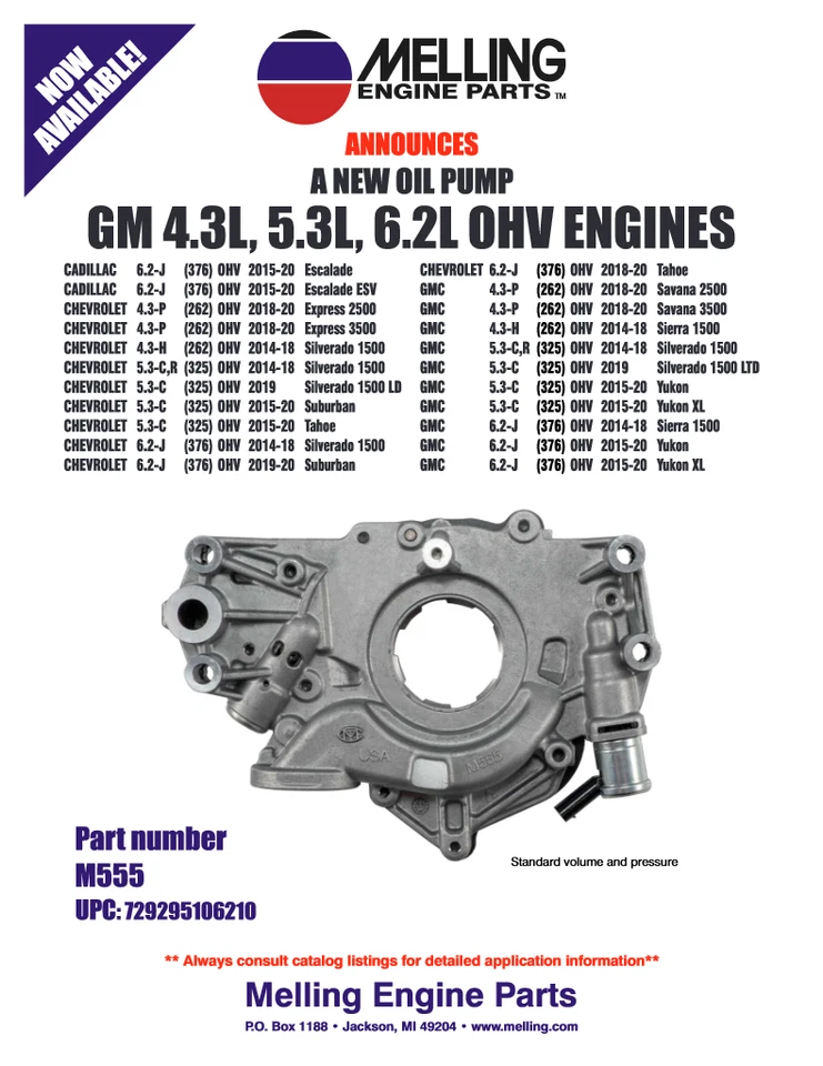 Melling M555 NEW Oil Pump With Solenoid For 2014 - 2020 Chevy 4.3 5.3 6.2 Engine - Image 1 of 1