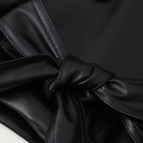 Womens leather cropped jacket double breasted belted black trench coat - Picture 5 of 6