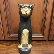 Vintage Folk Art Carved Wood Black Cat Scary Halloween 