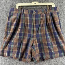 Vintage Levis Dockers Shorts Mens 38 Brown Navy Plaid Cotton Zip Made USA 90s
