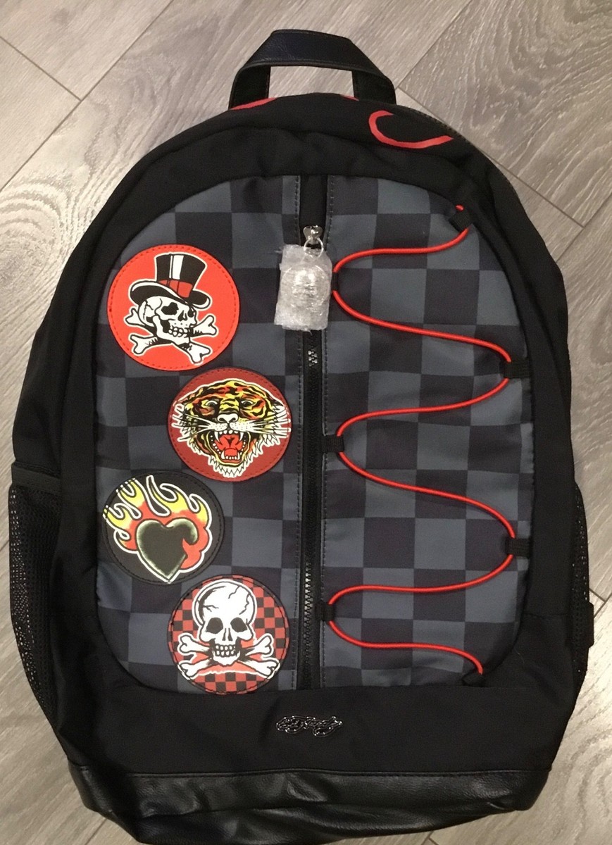 Ed Hardy Black & Red Checkerboard Skull Patch Backpack Ed Hardy Backpack Black Check Patches Backpack New | eBay main image 3