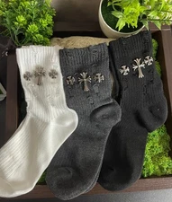 Lot 3 Chrome Hearts Style Socks Black Grey White Iron Cross Women’s Men’s 36-39