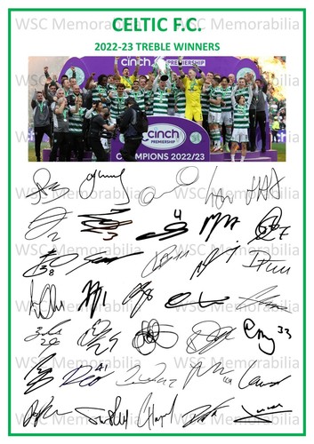 12632. 2022-23 Glasgow Celtic Signed Team Photo Sheet PRINTED AUTOS A4 Treble