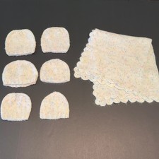 Handmade Knit Baby Blanket and 6 Matching Beanies Set Pastel Confetti Speckle