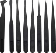 8Pcs Precision Plastic Tweezers, 4.5-4.8 Inch Anti-Static Tweezers Set Black