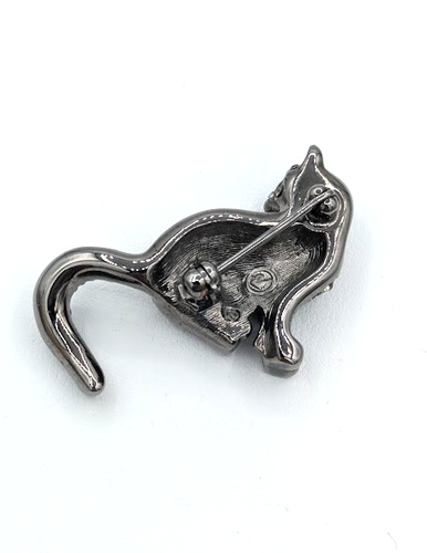 Vintage Rhinestone SWAROVSKI Cat Brooch Gunmetal Pave Crystal Green Eyes - Picture 2 of 5