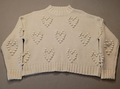 She + Sky Women's Size Large White Heart Pom Pom Knit Sweater Cozy Cute