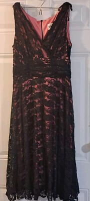 Dj Summers Black Lace Overlay On Pink Dress Sz 12p Cocktail Pin-up Prom Dance