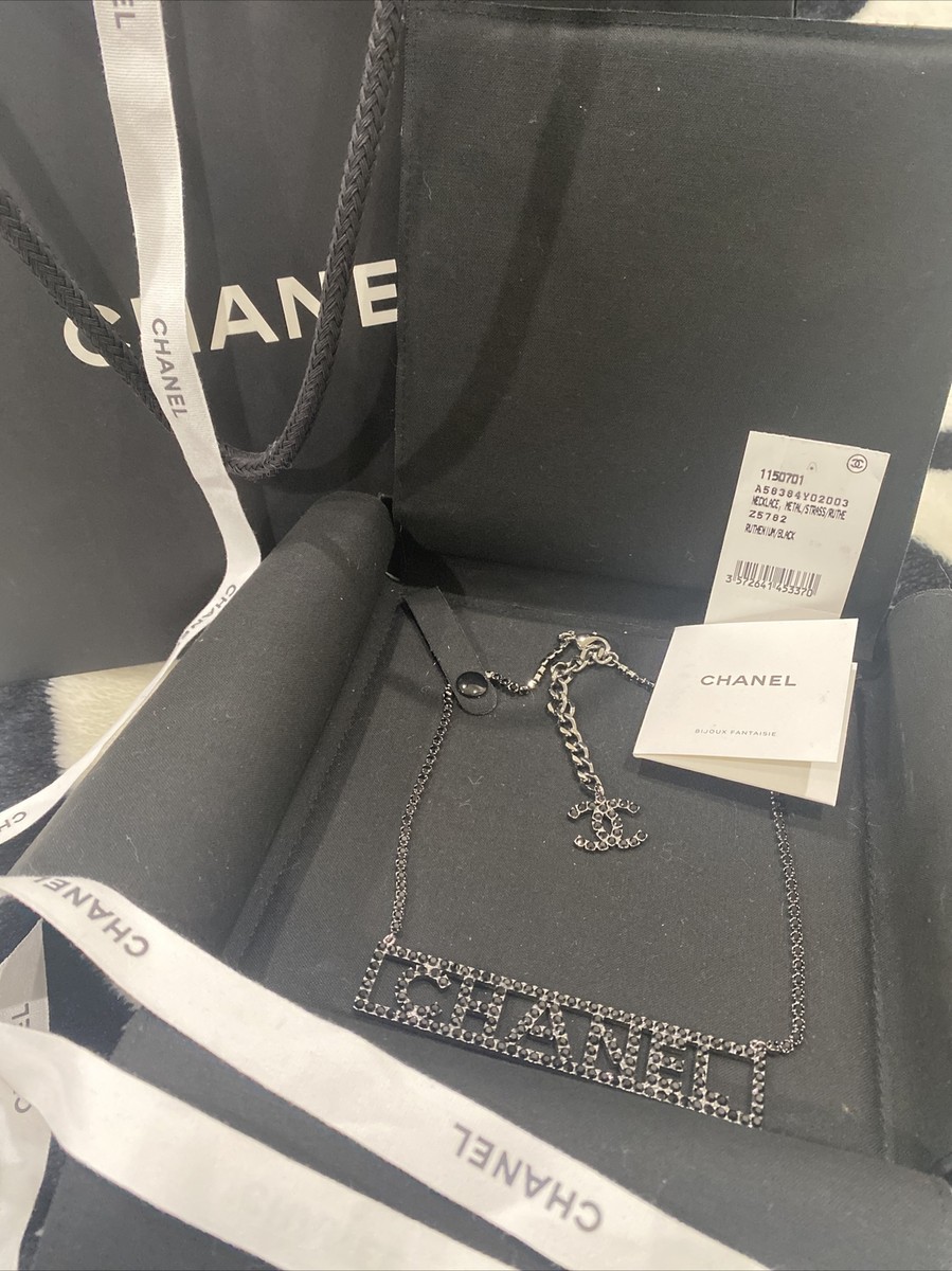 Chanel Black Crystal Charm Chain Name Plate CC Logo Choker Chanel Black Crystal Charm Chain Name Plate CC Logo Choker