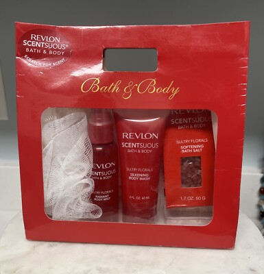 Revlon Scentuous Bath Body Set NIB Body Mist Wash Bath Salts Loufa Sultry Floral