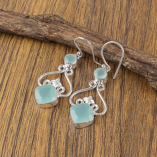 Gift For Her 925 Sterling Silver Natural Aqua Chalcedony Gemstone Earrings eBay