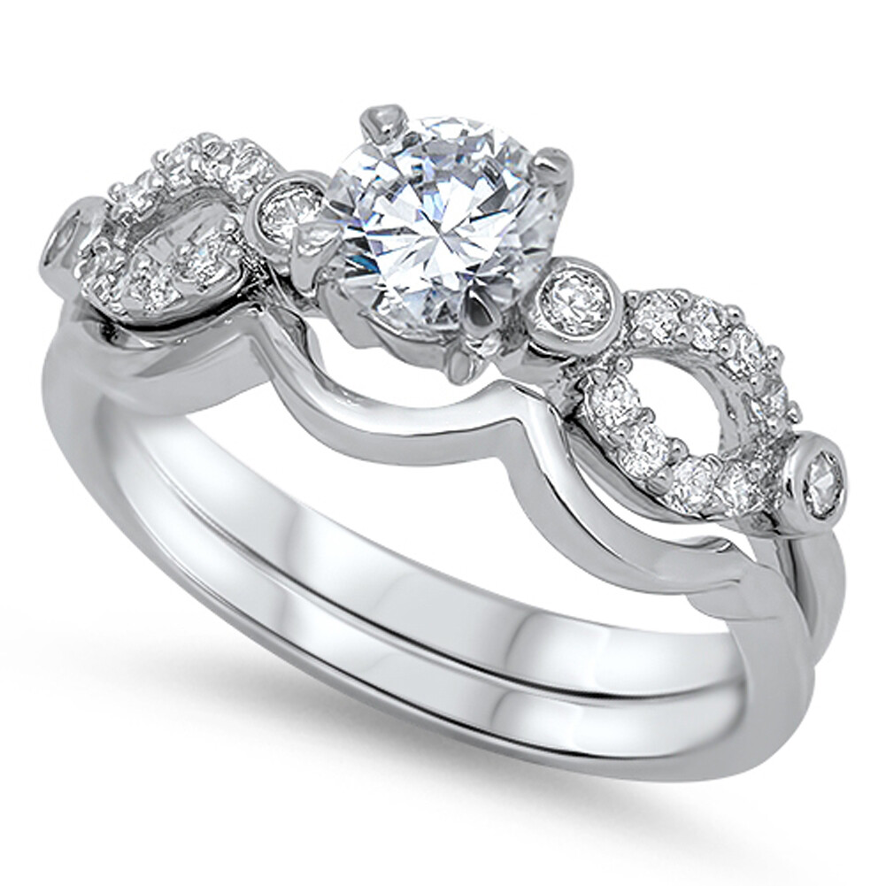 Curved CZ Women's Wedding Band Ring - .925 Sterling Silver, Sizes 5-10