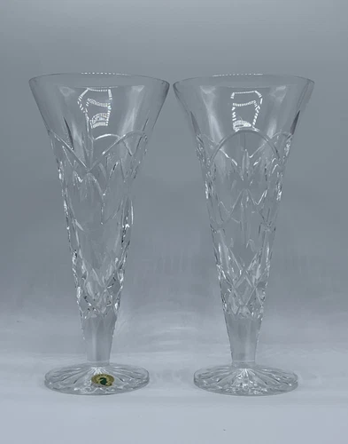Waterford Crystal Pair Of 9” Vintage Fluted Pedestal Vases ~Made In Ireland ~2pc