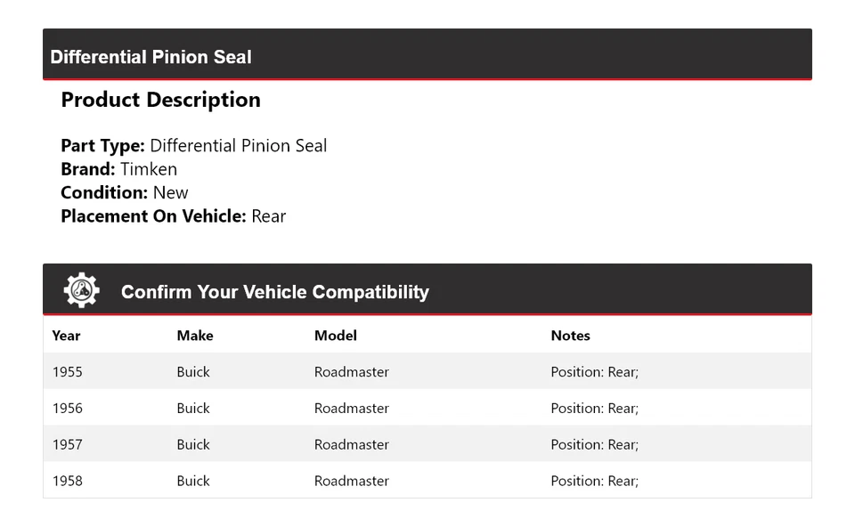 Sello de piñón diferencial trasero Timken 1956 1957 para Buick Roadmaster 1955-1958 Foto 2 de 4