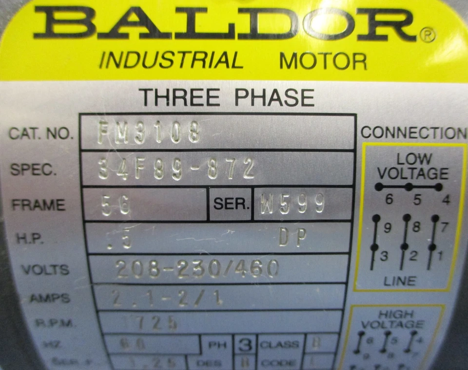 (NOS) Baldor FM3108 AC Motor 34F89-872 208-230/460V 2.1-2/1A 1725RPM 5/8" Shaft - Image 4 of 4