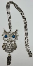 VTG articulated owl silver tone pendant necklace turquoise color Grandma Core