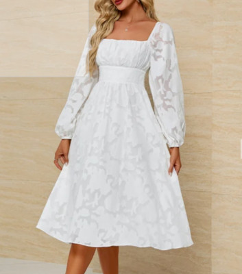 JJs House Womens Flower Square A Line Chiffon Midi Dress White Color Size Large