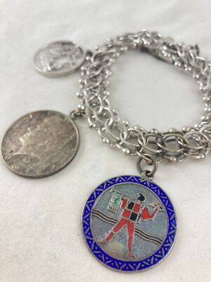 Vintage Silber Bettelarmband Emaille Charms Half Dollar New York 5 Charms 59g