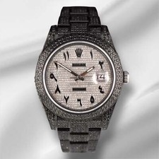 Rolex Men's Datejust 41mm Black IcedOut 11ct Diamonds Arabic Watch 116300 Paper