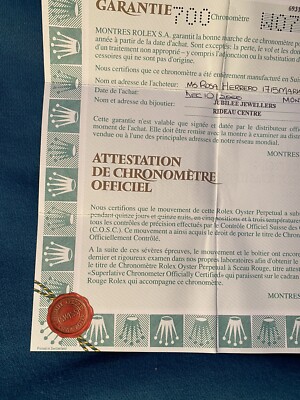 Rolex Certificate Guarantee Warranty For a W serial Pearl Master