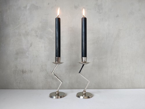 Pair vtg 90s zigzag zig zag postmodern style chrome silver metal candle holders - Picture 7 of 10