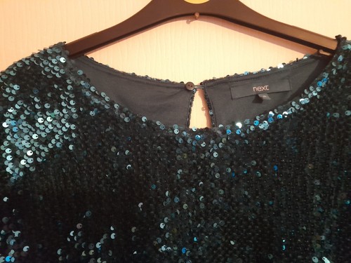 Next UK10 / EU38 dark green short sleeve fully sequin shift dress NWoT - Picture 2 of 12