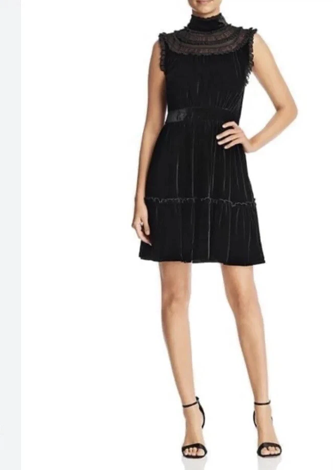 Abito Kate Spade LBD cocktail floreale senza maniche nero velluto pizzo orlo taglia 2