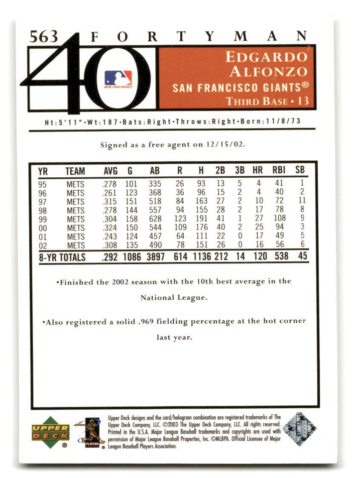 Edgardo Alfonzo 2003 Upper Deck 40-Man Baseball #563 San Francisco Giants - Image 2 of 2