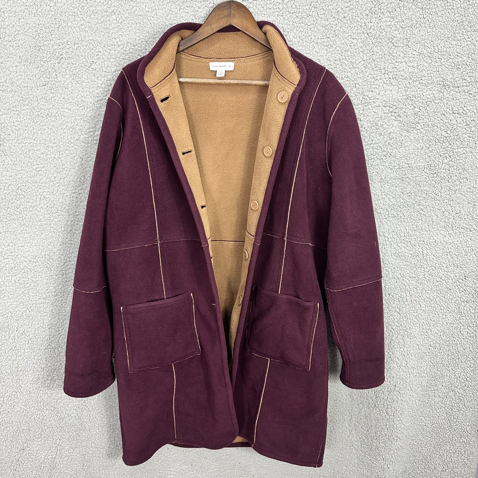 Susan Graver Purple Beige Button-Up Reversible Fleece Coat Womens Medium Retro - Image 2 of 4