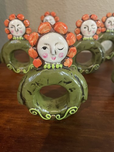 Set Of 7 “RARE” Vtg Fitz & Floyd Napkin Ring Green Orange Girl Marked - Picture 2 of 4