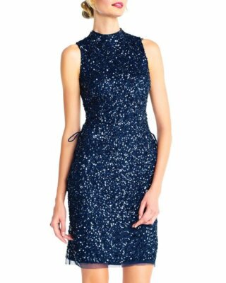 New $379 Adrianna Papell Women'S Blue Mock-Neck Sequined Lace-Up Sheath  Dress 8 | eBay
