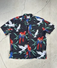 Vtg Paradise Found Hawaiian Shirt Macaw  Parrots Size XL Black Magnum PI