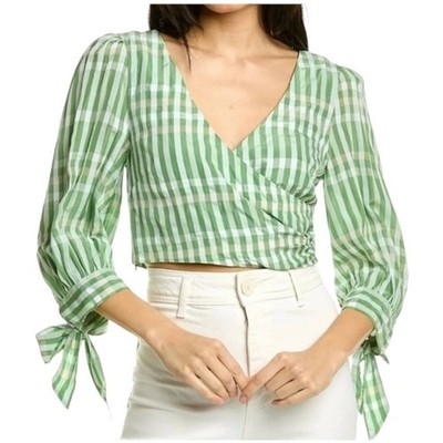 Cinq à Sept NWT FLORA TOP Size L Plaid Crop Wrap Blouse Green Hemp White