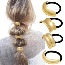 4 PCS Gold Hair Ties Metal Elegant Geometric Design Stretchy Ponytail Cuff Gift