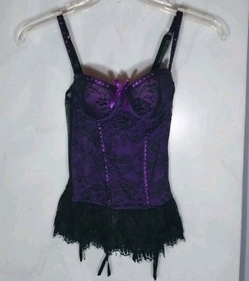 Baci Lace Corset Bustier Purple Black Push Up Padded Lingerie Medium