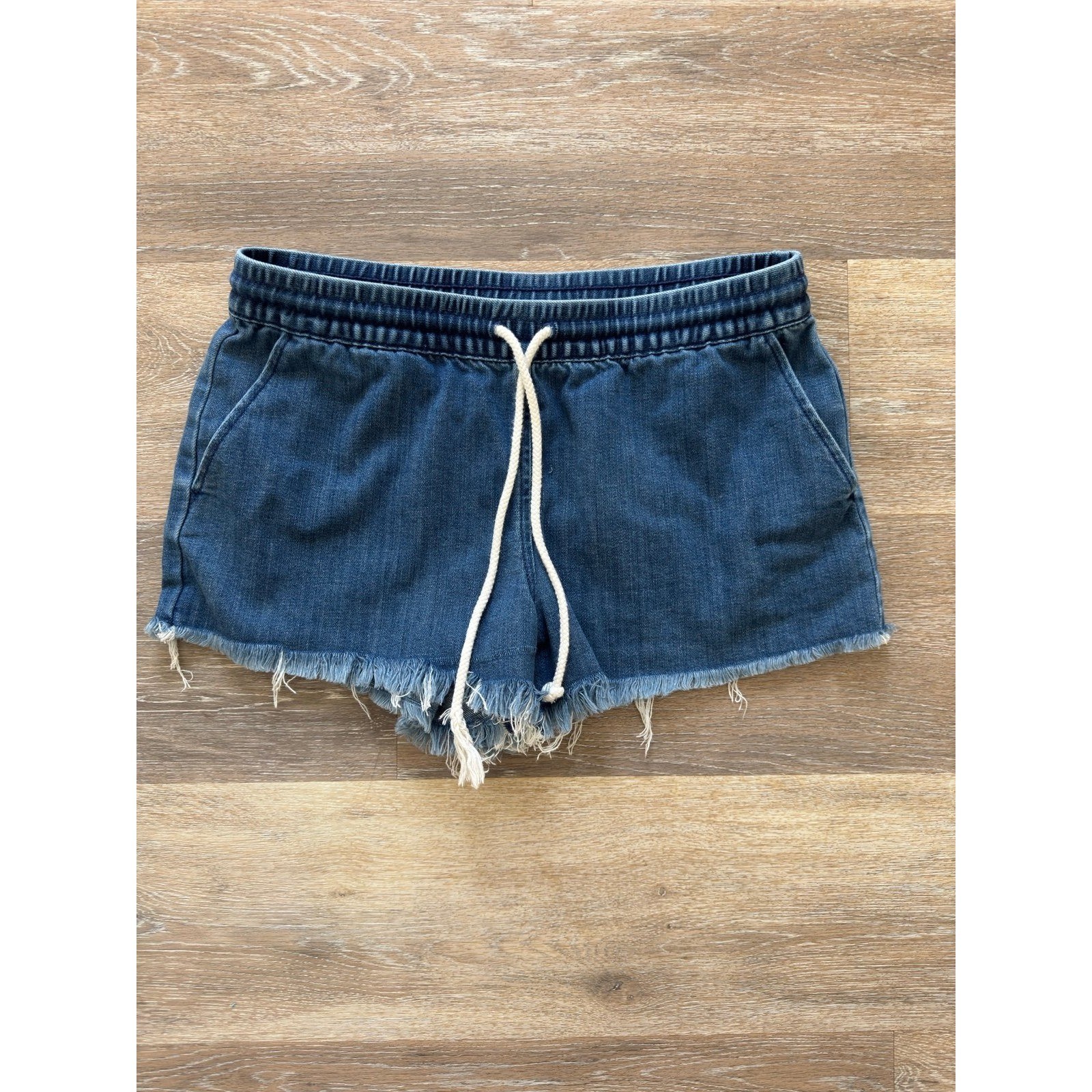 aerie Denim Drawstring Frayed Hem Shorts - Blue